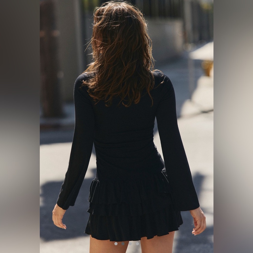 NWT Free People Good Feels Long Sleeve Mini Ruffle Dress Black Sz SMALL festival - Picture 3 of 16